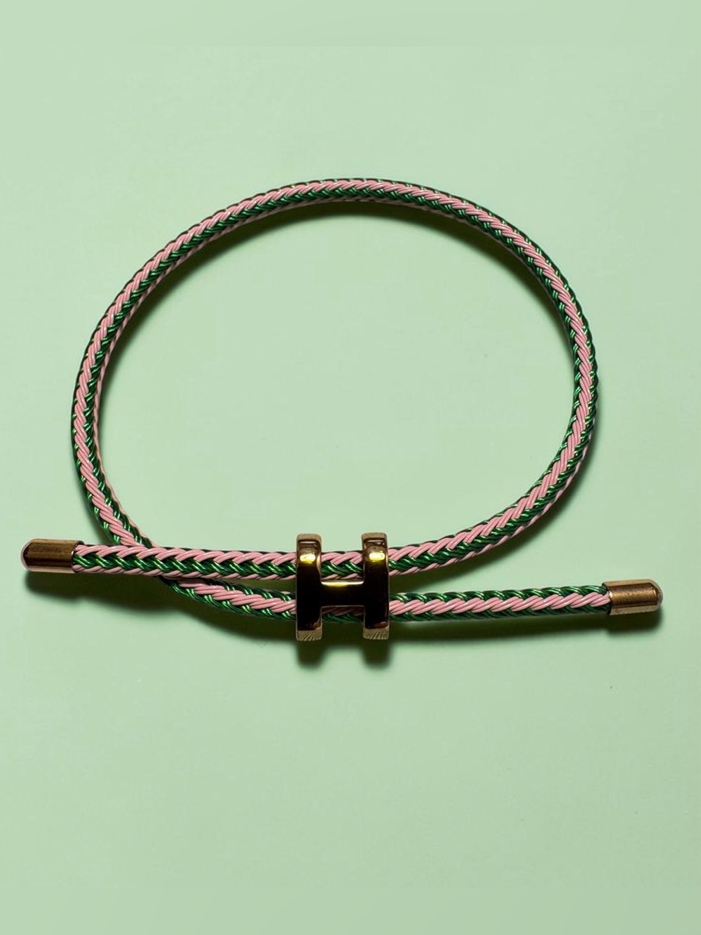 Pink and Green Braided cord Bracelet with Gold-tone Accent Stainless Steel